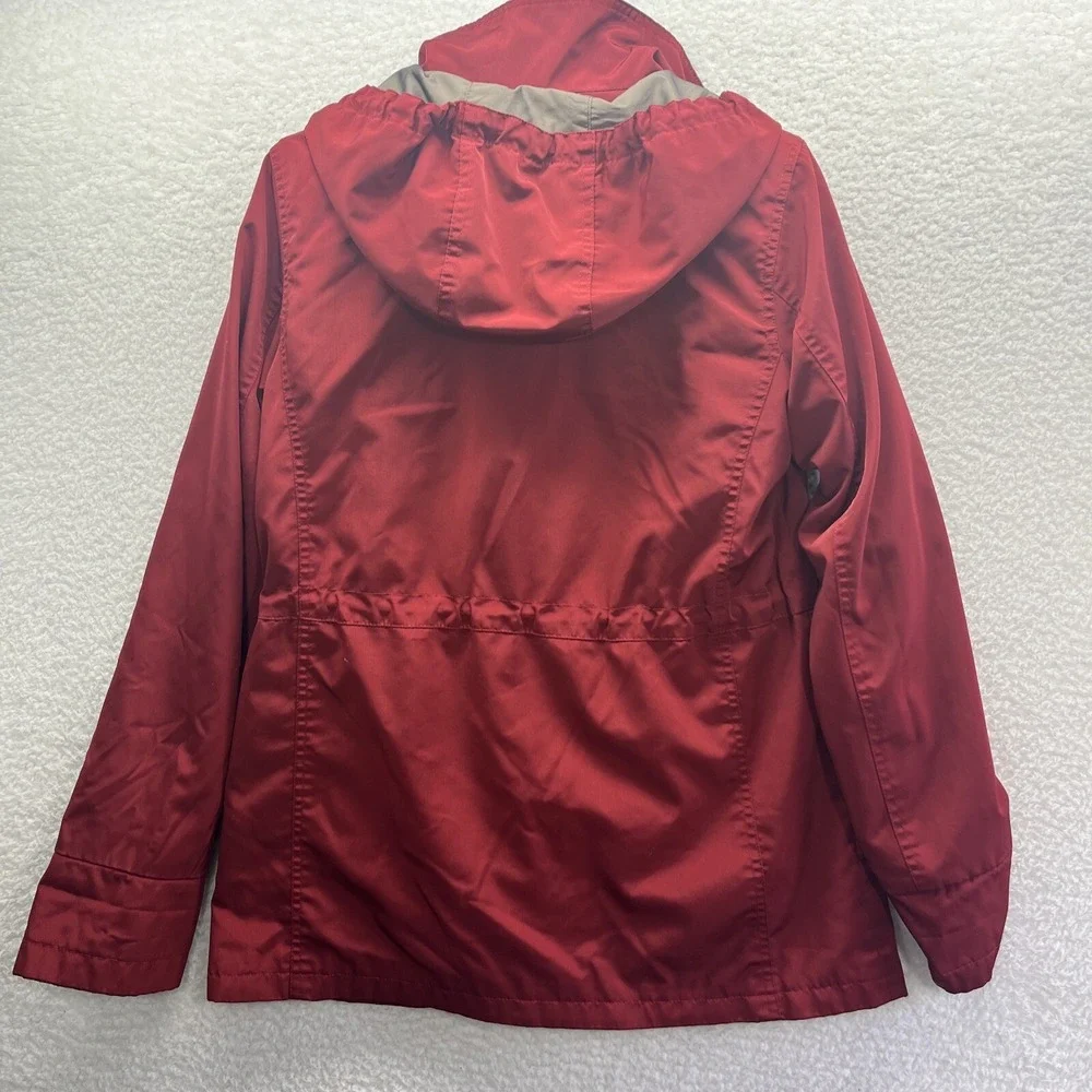 St Johns Bay Jacket Womens Small Red Pockets Full Zip Button Hooded Chore Preppy
